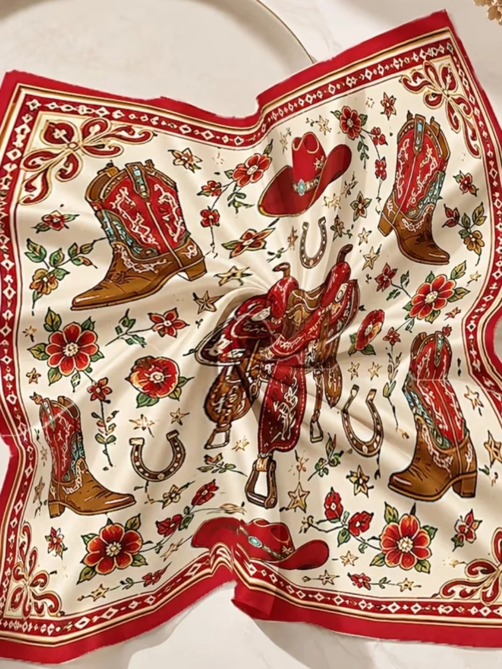 Red Western Saddle & Cowboy Print Bandana Scarf